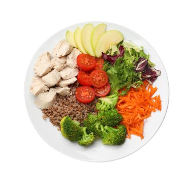 Dengeli beslenme ve sağlıklı yiyecekler. Beyaz, üst görünümde izole edilmiş farklı lezzetli ürünlerin tabağı.