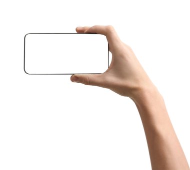 Elinde beyaz ekranlı akıllı telefon tutan adam, yakın plan, izole edilmiş. Tasarım için model