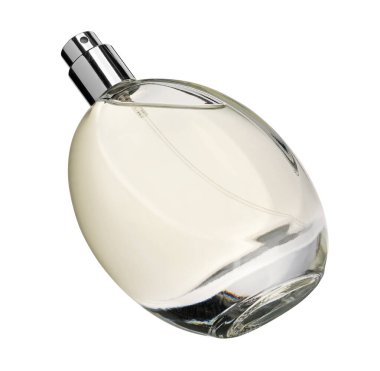 Şatafatlı kadın parfümü beyaz şişede izole edilmiş.