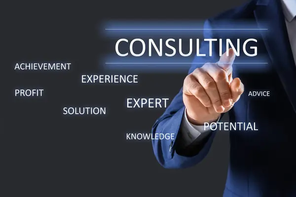 Consulting Businessman Using Digital Screen Dark Background Closeup — Stock Photo, Image