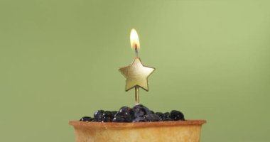 Yaban mersinli tart, zeytin rengi arka planda yanan yıldız şeklinde altın mum.