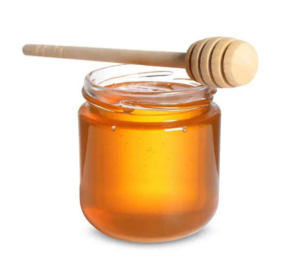 Tasty Natural Honey Glass Jar Dipper Isolated White Stock Picture