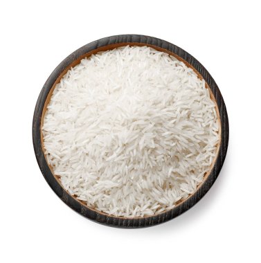 Tabakta çiğ basmati pilavı, beyaz, üst manzara.