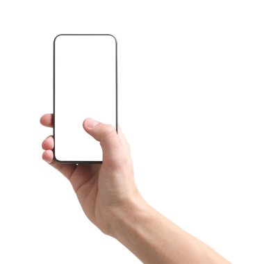 Akıllı telefon kullanan bir adam beyaz ekranda izole edilmiş, yakın plan. Tasarım için model