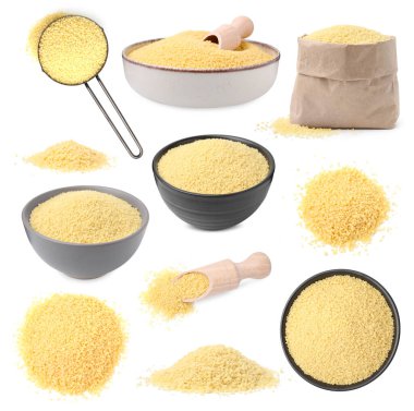 Çiğ kuskus beyaz sette izole edilmiş.