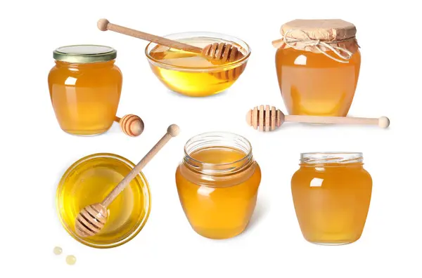 Naturlig Honung Glasburkar Och Doppare Isolerade Vitt Set — Stockfoto