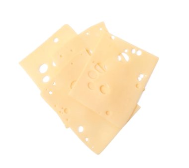 Lezzetli taze peynir dilimleri beyaza izole edilmiş, üst manzara