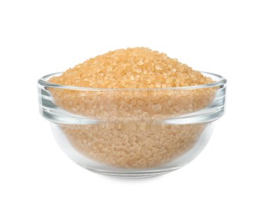 Cam kasedeki kahverengi şeker beyaza izole edilmiş.