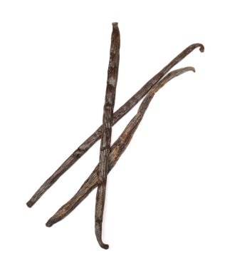 Aromatik vanilya kabukları beyaz, üst görünümde izole