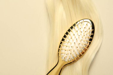 Sarı saç telli, bej arka planda şık fırça, üst manzara. Metin için boşluk