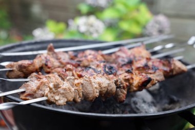 Metal renginde kebap pişiriyorum. Açık havada, yakın çekimde.