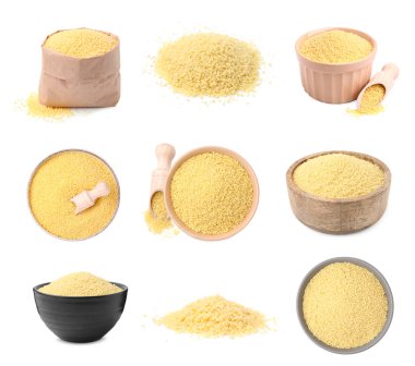 Çiğ kuskus beyaz sette izole edilmiş.