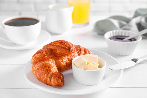 Fresh Croissant Butter White Wooden Table Tasty Breakfast Stock Picture