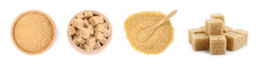 Kahverengi şeker (granüllü ve küp) beyaz üzerine izole edilmiş, set