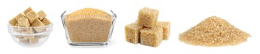 Kahverengi şeker (granüllü ve küp) beyaz üzerine izole edilmiş, set