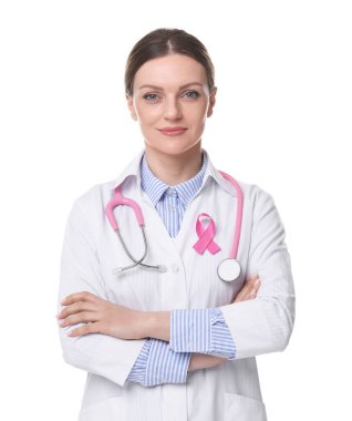 Beyaz arka planda pembe kurdeleli bir mamolog. Göğüs kanseri farkındalığı