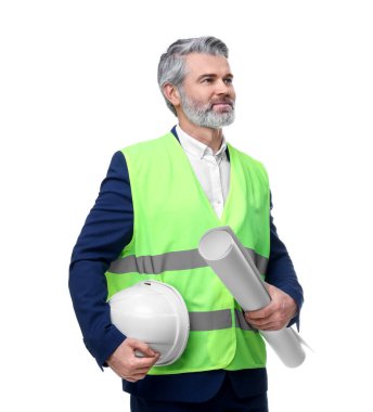 Beyaz arkaplanda sert şapkalı ve taslaklı mimar