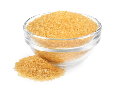 Cam kasedeki kahverengi şeker beyaza izole edilmiş.