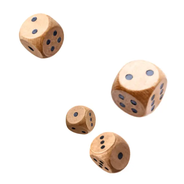 Four Wooden Dice Air White Background — Stock Photo, Image