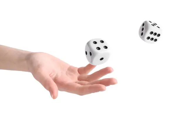 Woman Throwing Dice White Background Closeup — Stock Photo, Image