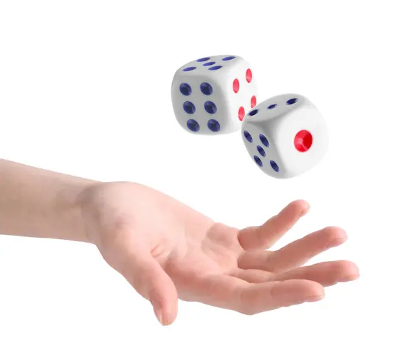 Woman Throwing Dice White Background Closeup — Stock Photo, Image