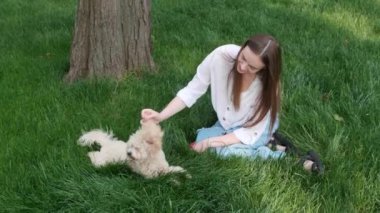 Parktaki yeşil çimlerde dinlenen sevimli köpeğiyle bir kadın.