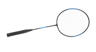 Badminton raketi beyaza izole edilmiş. Spor malzemeleri.