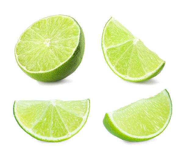 Кусочки спелой сочной лайма изолированы на белом, набор