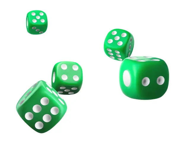 Five Green Dice Air White Background — Stock Photo, Image