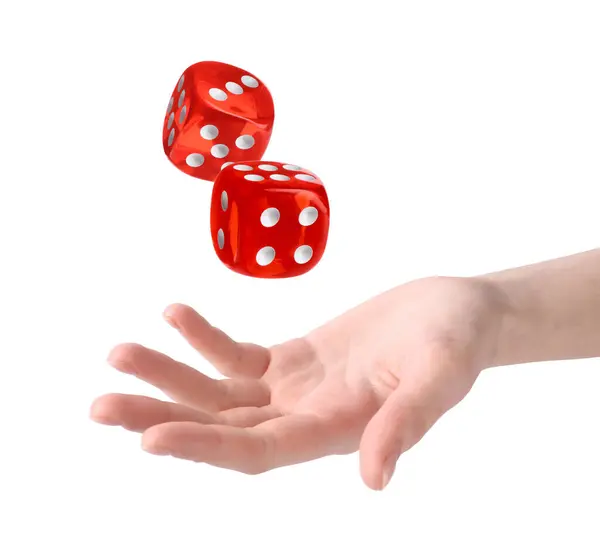 Woman Throwing Red Dice White Background Closeup — Stock Photo, Image