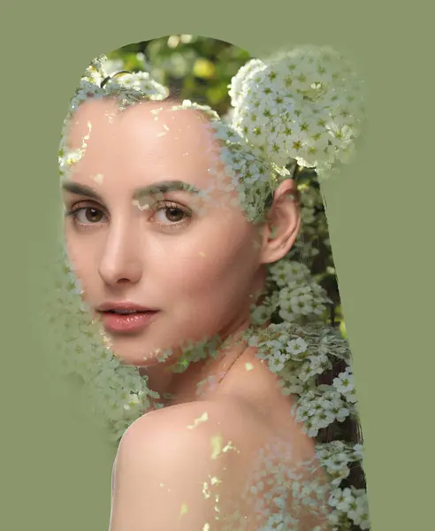 Double Exposure Beautiful Woman Blooming Flowers Green Background — Stock Photo, Image