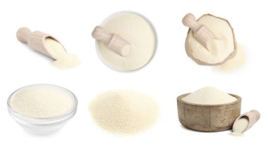 Beyaz arkaplanda pişirilmemiş irmik taşı kümesi