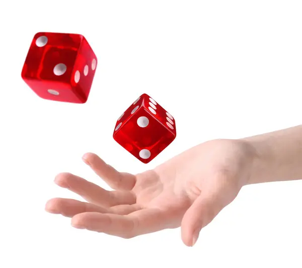 Woman Throwing Red Dice White Background Closeup — Stock Photo, Image