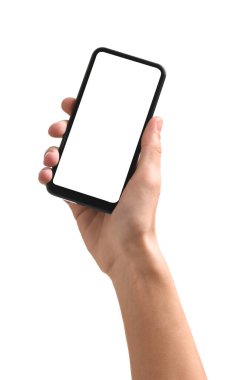 Elinde beyaz ekranlı akıllı telefon tutan adam, yakın plan, izole edilmiş. Tasarım için model