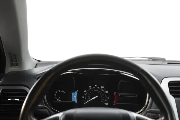 Gösterge Panelindeki Hız Göstergesi Arabanın Içindeki Direksiyon Simidi — Stok fotoğraf