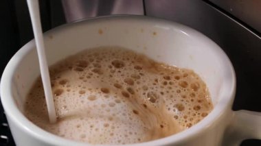 Modern kahve makinesi beyaz bardağa süt dolduruyor, yukarıdan görüyor. Yakın çekim.