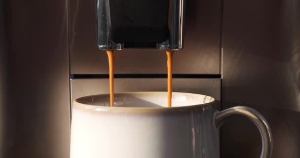 Μοντέρνα Καφετιέρα Που Μετατρέπει Τον Espresso Φλιτζάνι Κοντινό Πλάνο — Αρχείο Βίντεο