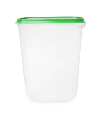 Beyaz arka planda boş plastik konteynır. Yiyecek deposu