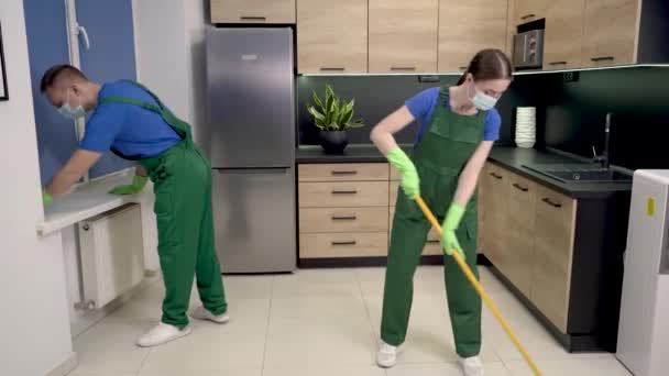 Janitors Working Office Kitchen Cleaning Service — Stock Video