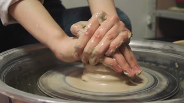 Woman Working Wet Clay Pottery Wheel Closeup Ceramic Art — Stock Video