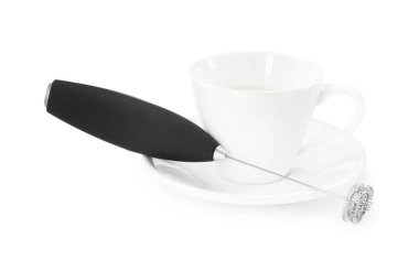 Milk frother wand and cup isolated on white clipart