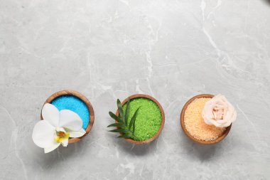 Gri mermer masanın üzerinde doğal deniz tuzu ile düz bir bileşim vardı. Metin için boşluk