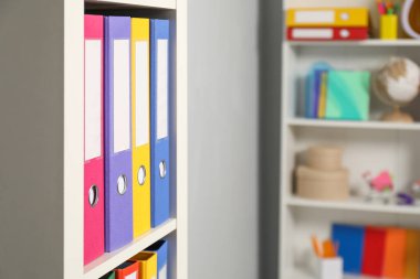 İçerideki raf ünitesinde renkli klasör ofis dizinleri