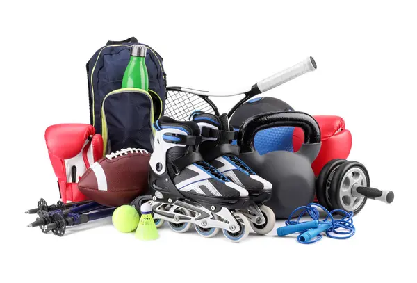 Wiele Różnych Urządzeń Sportowych Odizolowanych Białym — Zdjęcie stockowe