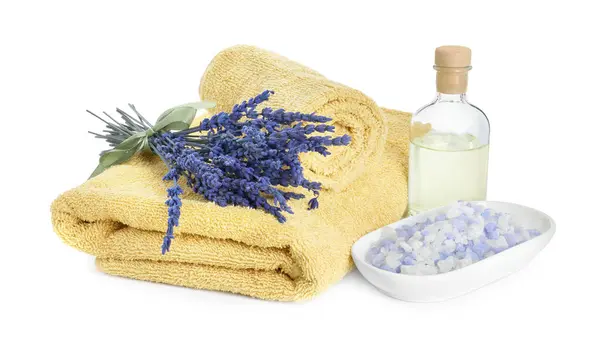 Spa Composition Towels Essential Oil Sea Salt Lavender Flowers White Royalty Free Stock Images
