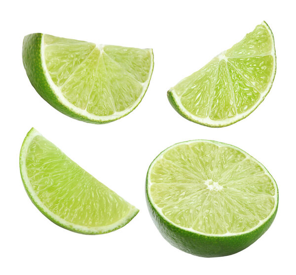 Кусочки спелой сочной лайма изолированы на белом, набор