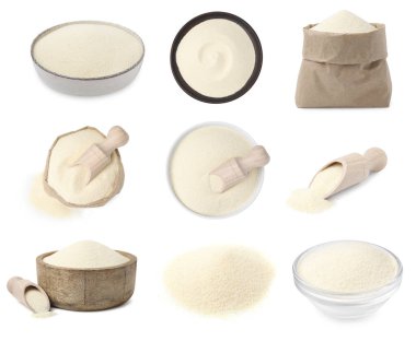 Beyaz arkaplanda pişirilmemiş irmik taşı kümesi