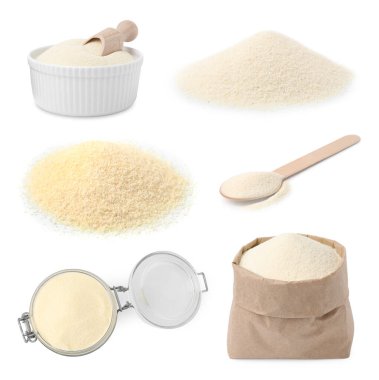 Beyaz arkaplanda pişirilmemiş irmik taşı kümesi