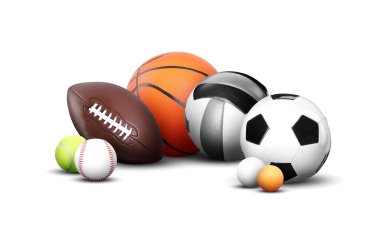 Beyazda izole edilmiş farklı spor oyunları için top koleksiyonu