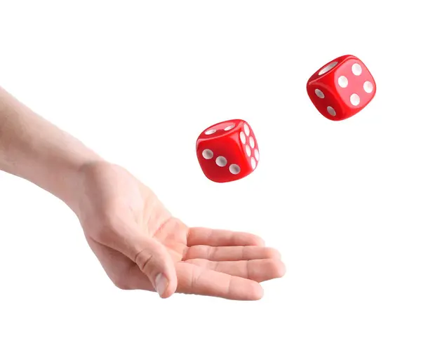 Man Throwing Red Dice White Background Closeup — Stock Photo, Image